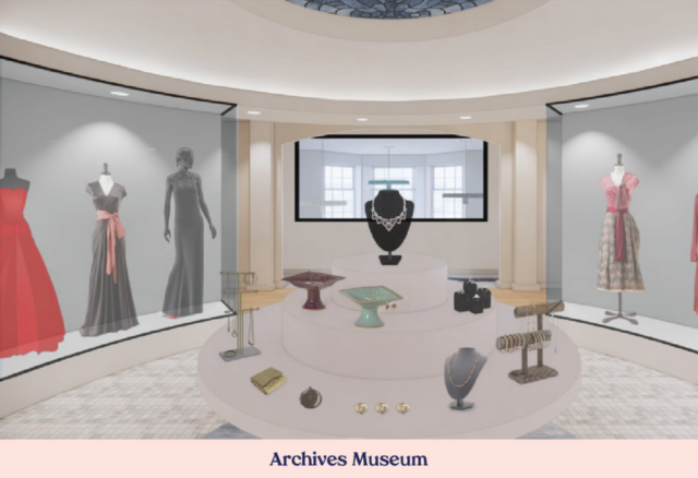 Rendering of a round room with display cases holding clothing items along the outer wall. A circle display is in the middle.