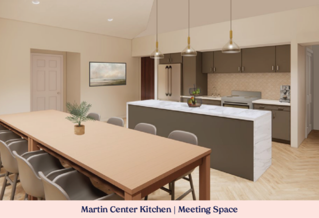 Rendering of a kitchen space with a long counter and long table.