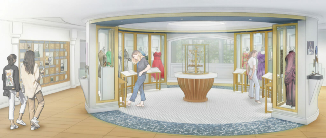 Artist rendering of the archives museum. Several people are walking through the museum looking at items. There is a round display case in the center of the room that people can walk through and look at jewelry and clothing.