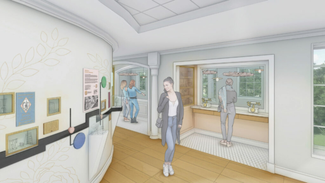 Artist rendering of the archives museum. One person is walking along a curved wall that has a timeline of Delta Gamma's history along with artifacts.