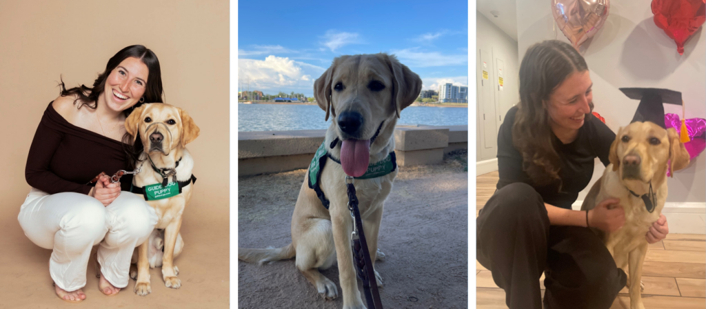 Photo 1: Caroline and Otto pose in front of a tan backdrop.
Photo 2: Otto sits in his harness by a body of water.
Photo 3: Caroline and Otto at his graduation; Otto is wearing a graduation cap.