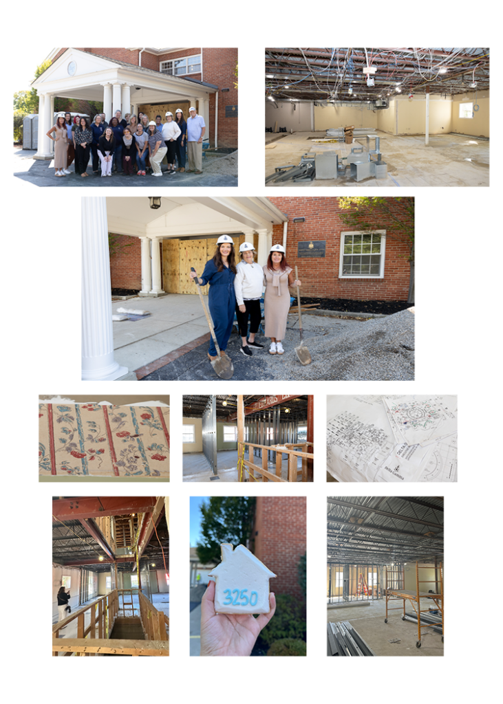 Images from the groundbreaking event and recent renovations, including a group photo, wallpapers discovered in demolition, new floor layouts, EO cookies, blueprints and staff walking around EO.