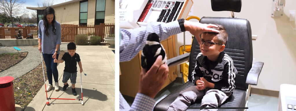 Photo 1: A teacher guides a little boy outside with a tandem white cane.
Photo 2: A young boy is wearing glasses and sitting in a chair getting an eye exam. The doctor is holding a stuffed penguin toy in front of the boy.