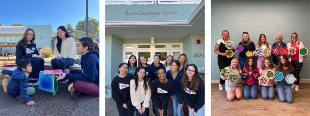 Photo 1: Three Delta Gamma collegians play with a young boy on the playground at BCC.
Photo 2: A group of ten collegians pose in front of the main doors at BCC.
Photo 3: Nine Delta Gamma members hold up tactile octagon shapes.