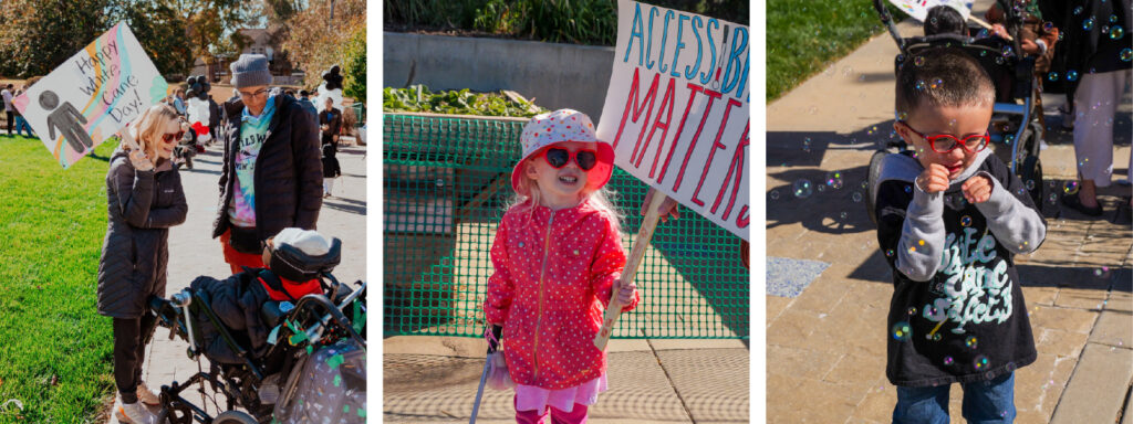 Photo 1: A woman holds a sign that says "Happy White Cane Day!" as she talks with a child and another adult.
Photo 2: A young girl holds a white cane and a sign that says "Accessibility Matters."
Photo 3: A young boy is wearing a shirt that says "White Cane Safety" and is playing with bubbles. 