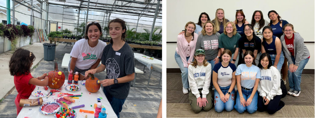 Photo 1: A Delta Gamma collegian paints pumpkins with two students.
Photo 2: A group of 16 Delta Gamma collegians. 