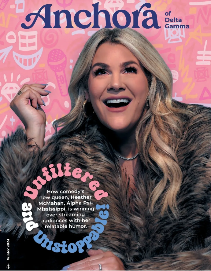 Winter 2024 ANCHORA cover featuring headshot of Heather McMahan with text "Unfiltered and Unstoppable: How comedy's new queen is winning over streaming audiences with her relatable humor"